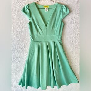 Mint Green Knit Skater Dress from ModCloth Cap Sleeves Pleated Skirt Yellow Star
